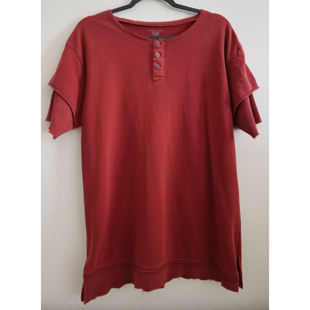 Nasty Pig Men's Sz L Burgundy/Red Distressed Layered S/S Cotton Shirt *Rare